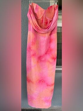 PrettyLittleThing Pink Orange Tie Dye Corset Like Maxi Dress Bodycon Size 22